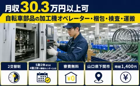 自転車部品の加工機オペレーター・梱包・検査・運搬＜山口県下関市＞月収例30.3万円
