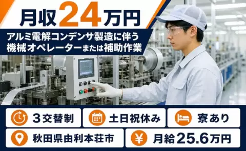＜秋田県由利本荘市＞アルミ電解コンデンサ製造に伴う機械オペレーターまたは／土日祝休み