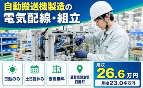 夜はゆっくり休める◎自動搬送機製造の電気配線・組立＜滋賀県日野町＞残業少なめ