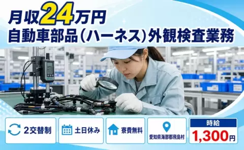 【愛知県飛島村】自動車部品（ハーネス）外観検査業務◎寮費無料・残業少なめ