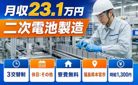 ＜福島県本宮市＞二次電池製造／未経験OK・長期休暇あり・寮費無料・車通勤OK