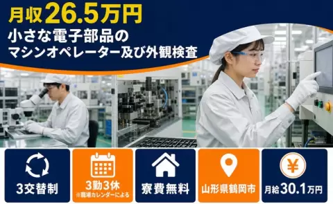 山形県鶴岡市｜小さな電子部品のマシンオペレーター及び外観検査｜月給30.1万円
