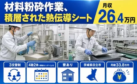 ＜茨城県日立市＞材料粉砕作業、積層された熱伝導シート／月給33.8万円