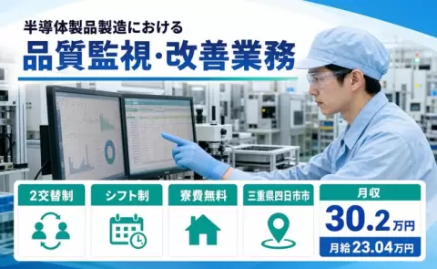 半導体製品製造における品質監視・改善業務＜三重県四日市市＞未経験OK・寮費補助あり
